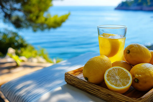 Glass of lemon juice with fresh lemons by sea