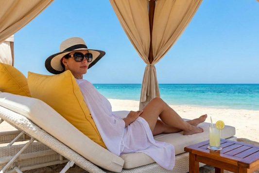 A woman in a white cover-up, sun hat, and sunglasses relaxes on a beach lounger with a lemonade nearby