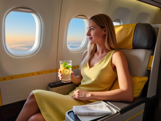woman enjoys flight with drink