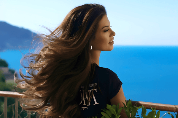 A woman with long flowing brown hair stands on a balcony overlooking a bright blue sea