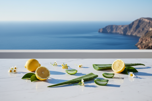 Lemons, aloe vera slices, and daisies on a white marble surface overlooking a blue sea and cliffs