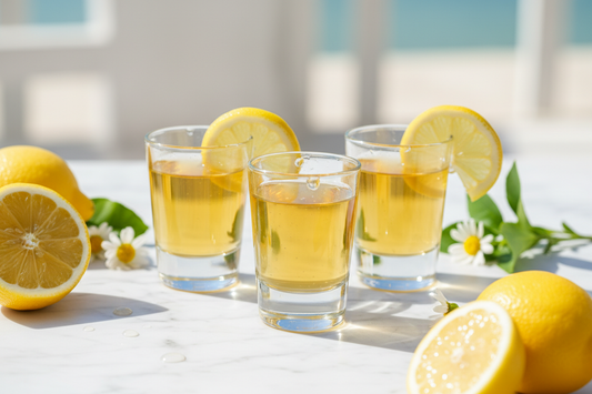 Three small shot glasses filled with golden liquid and lemon slices sit on a white surface surrounded by fresh lemons and