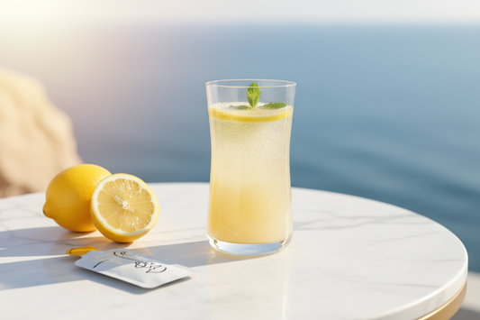 A glass of sparkling lemonade with mint and a lemon slice sits on a white marble table by the sea