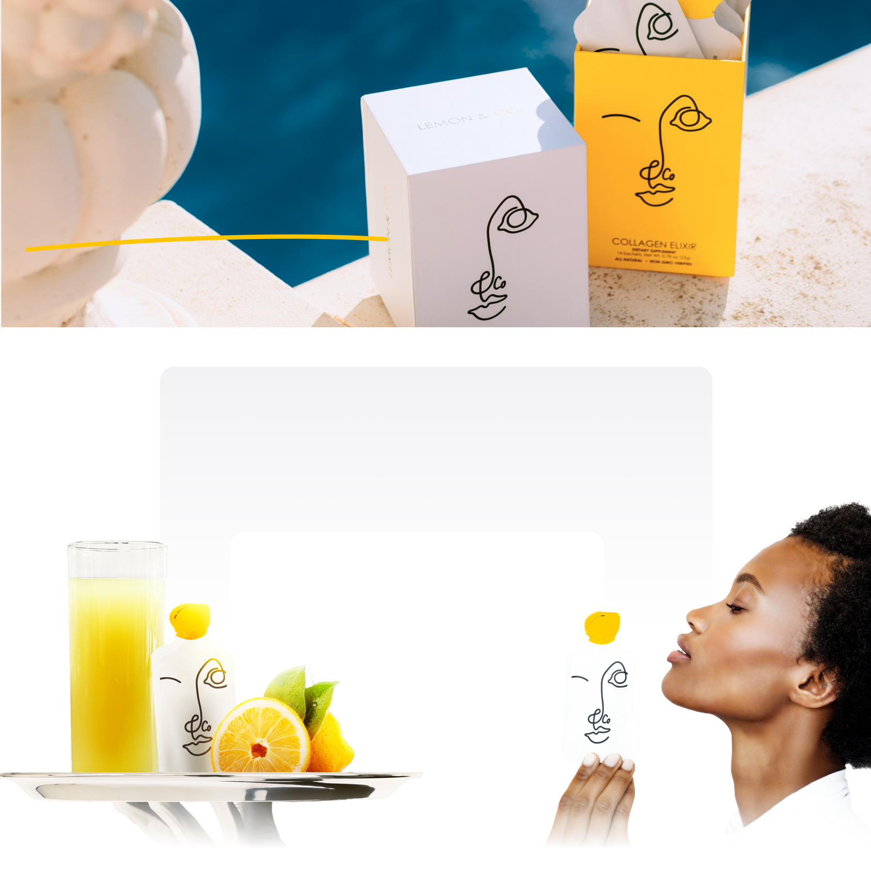 Lemon & Co. Collagen Elixir cases by the pool above a tray with sachet and elixir glass