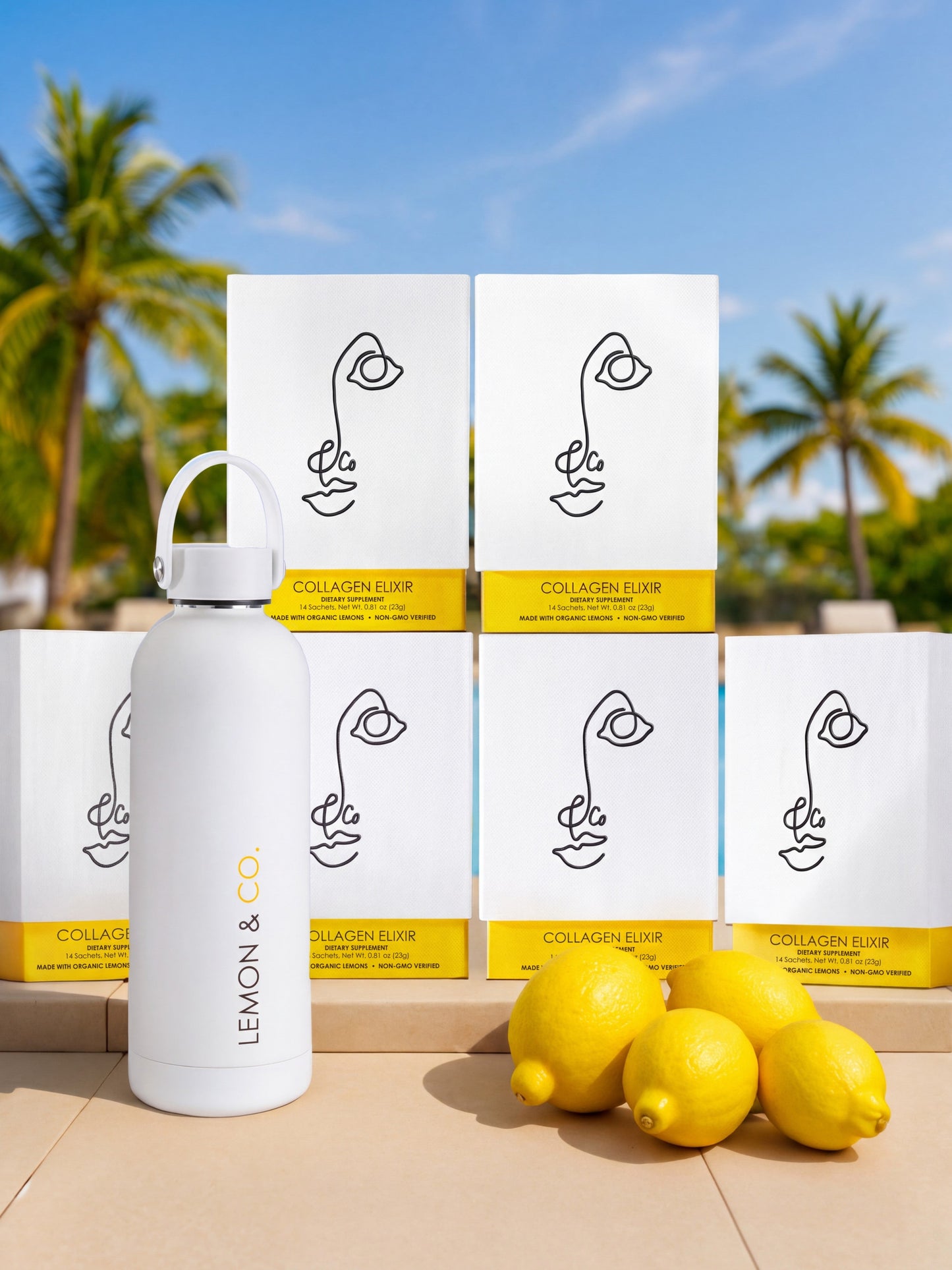 Liquid Collagen Elixir 12-Week Bundle: six cartons, the Lemon & Co. bottle and fresh lemons