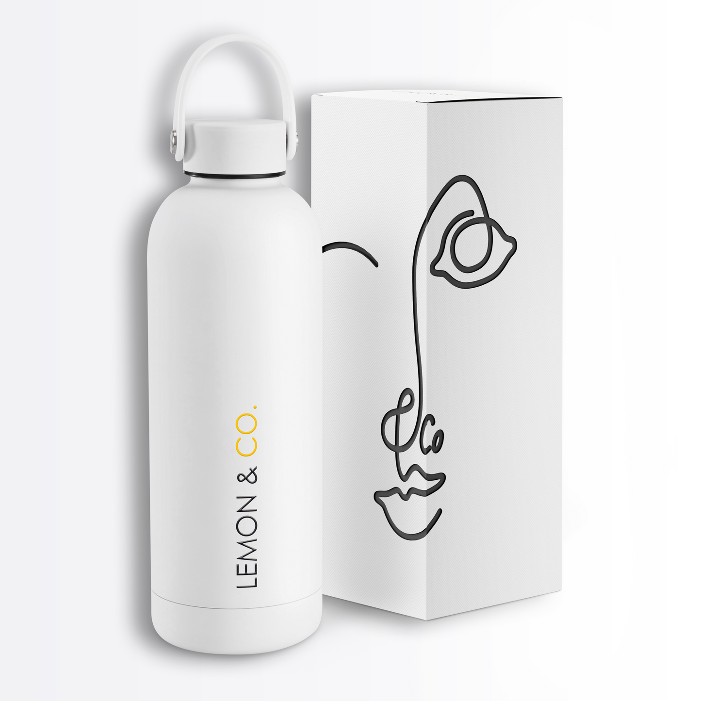 Lemon & Co. Bottle beside its white gift box with the line-art face design