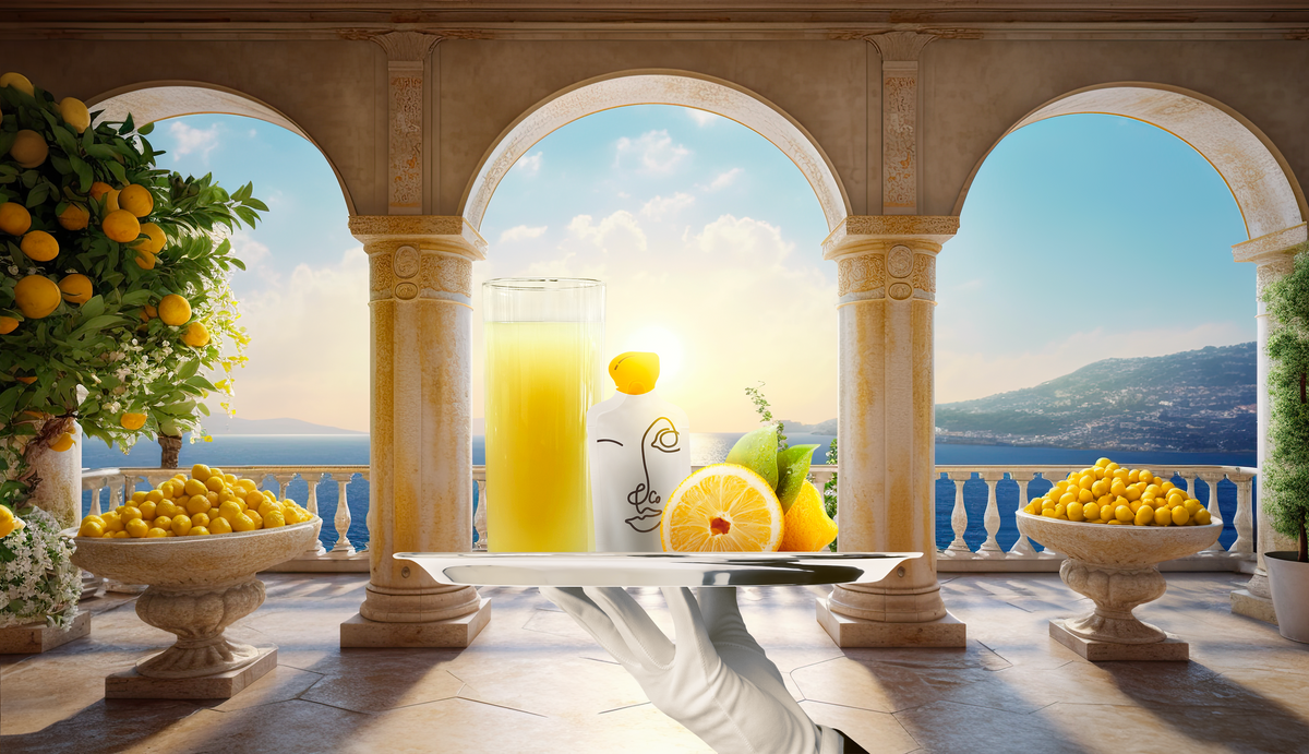 A white-gloved hand presenting a glass of lemonade, a Lemon & Co. Liquid Collagen Elixir sachet and fresh lemons on a silver tray under stone arches overlooking the sea