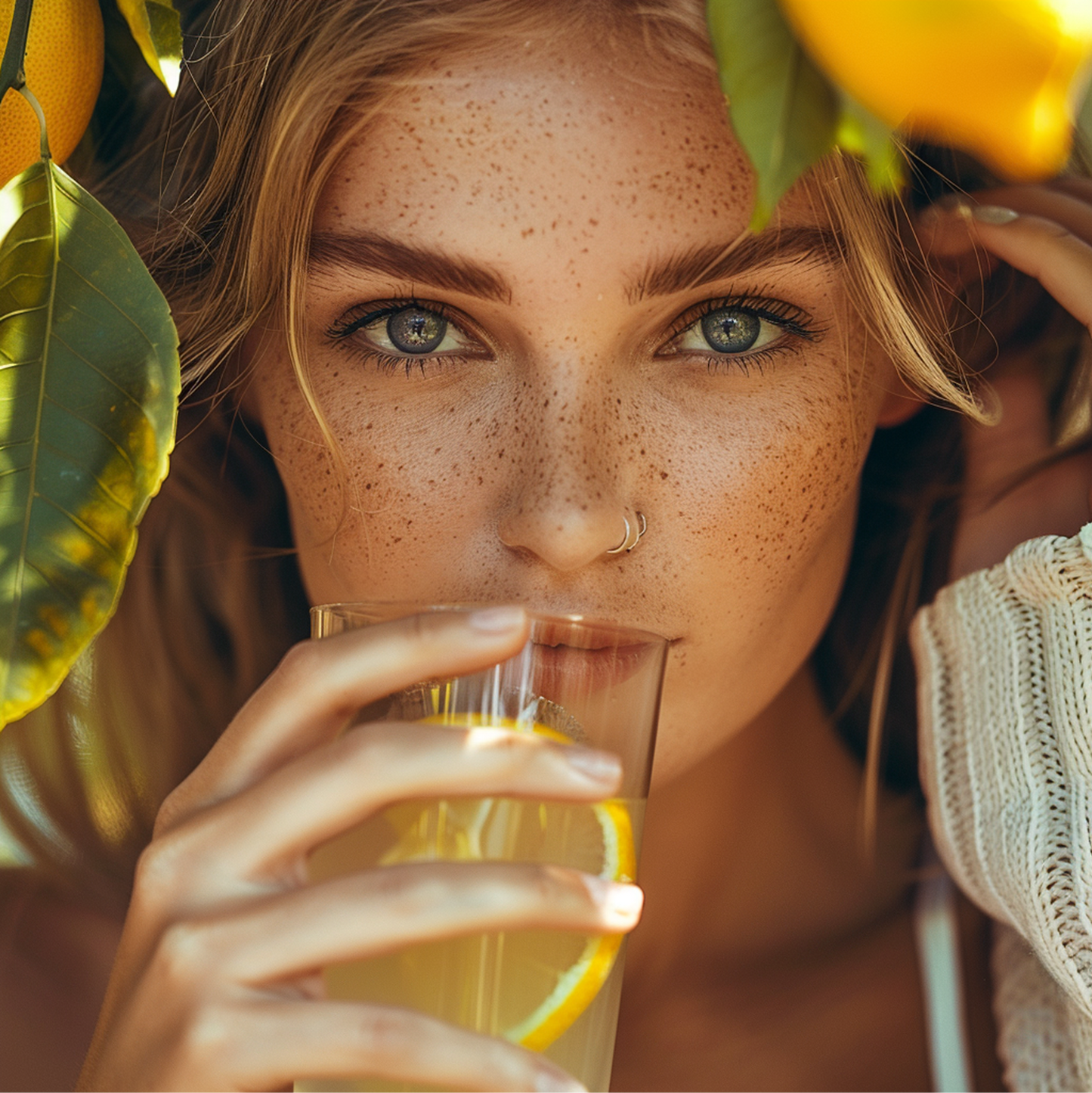Woman drinking Lemon & Co. collagen lemonade under a lemon tree