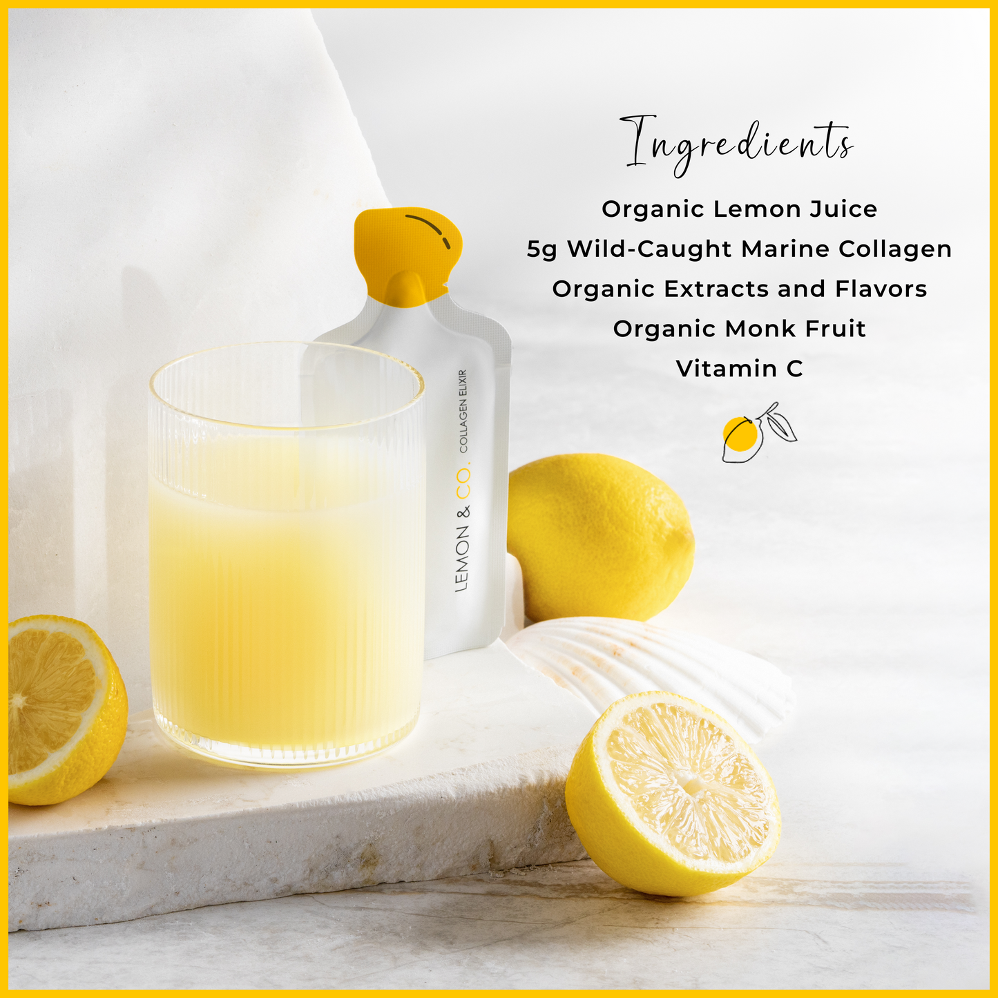 Liquid Collagen Elixir sachet and a glass of lemonade with the ingredient list: organic lemon juice, 5 g wild-caught marine collagen, organic flavors and extracts, organic monk fruit, vitamin C