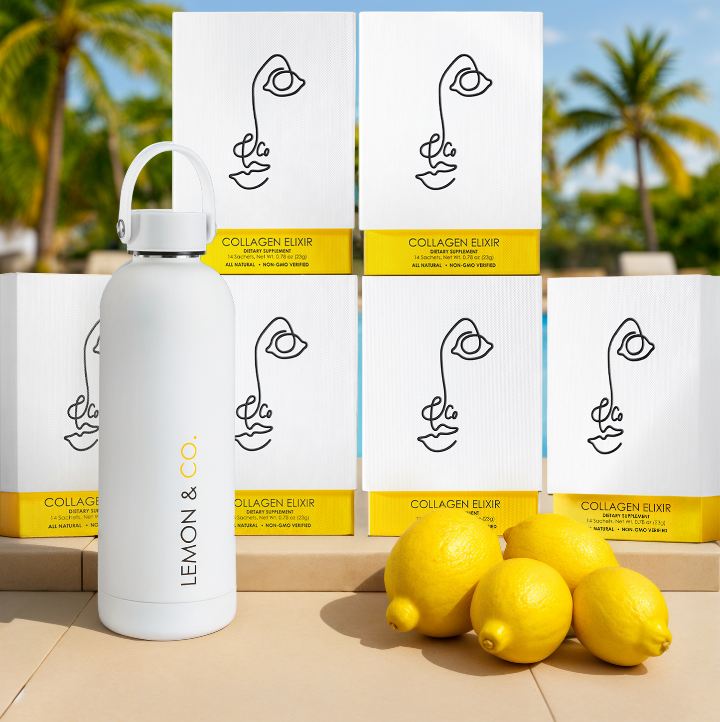 Liquid Collagen Elixir 12-Week Bundle: six cartons and the white Lemon & Co. Bottle with fresh lemons