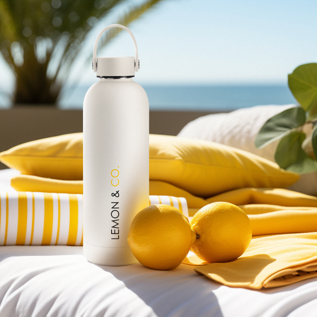 White Lemon & Co. Bottle on yellow-and-white striped towels with lemons beside a pool