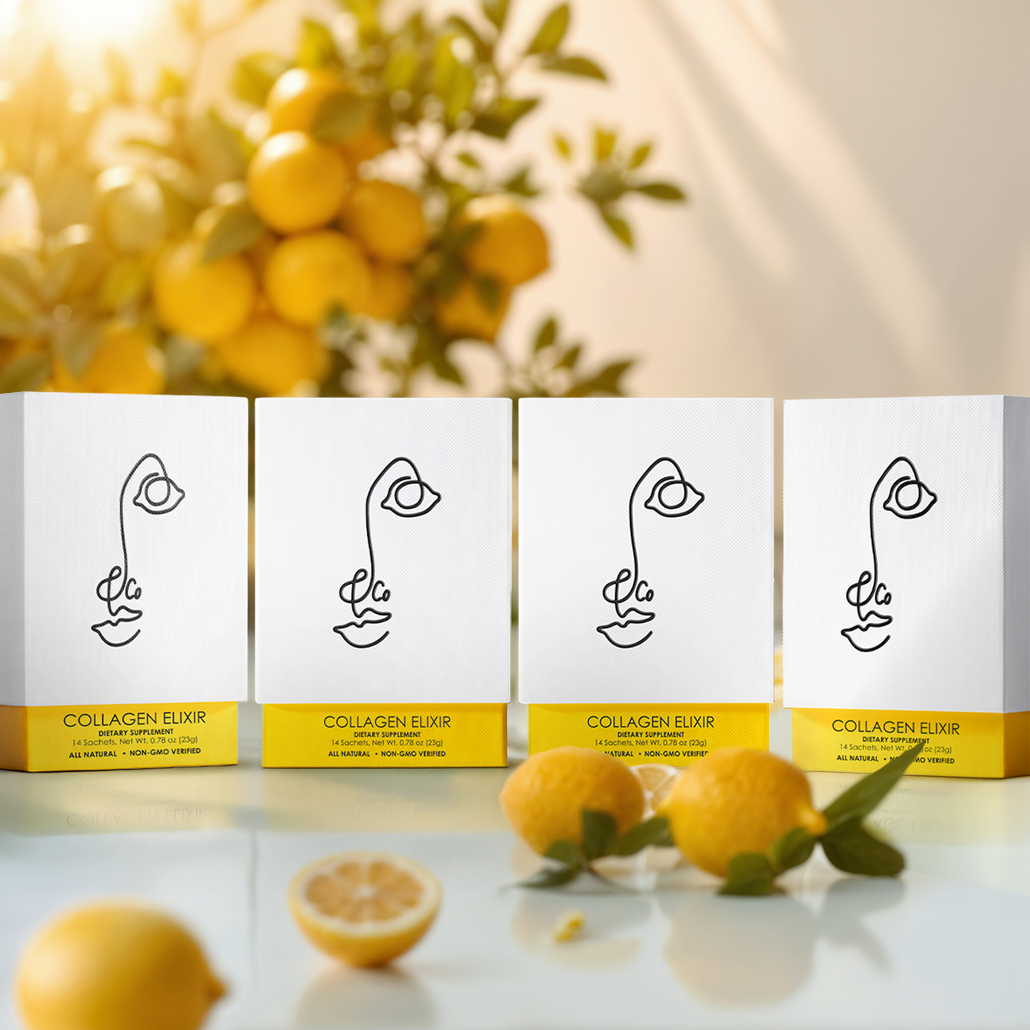 Liquid Collagen Elixir 8-Week Bundle: four cartons of 14 sachets with fresh lemons