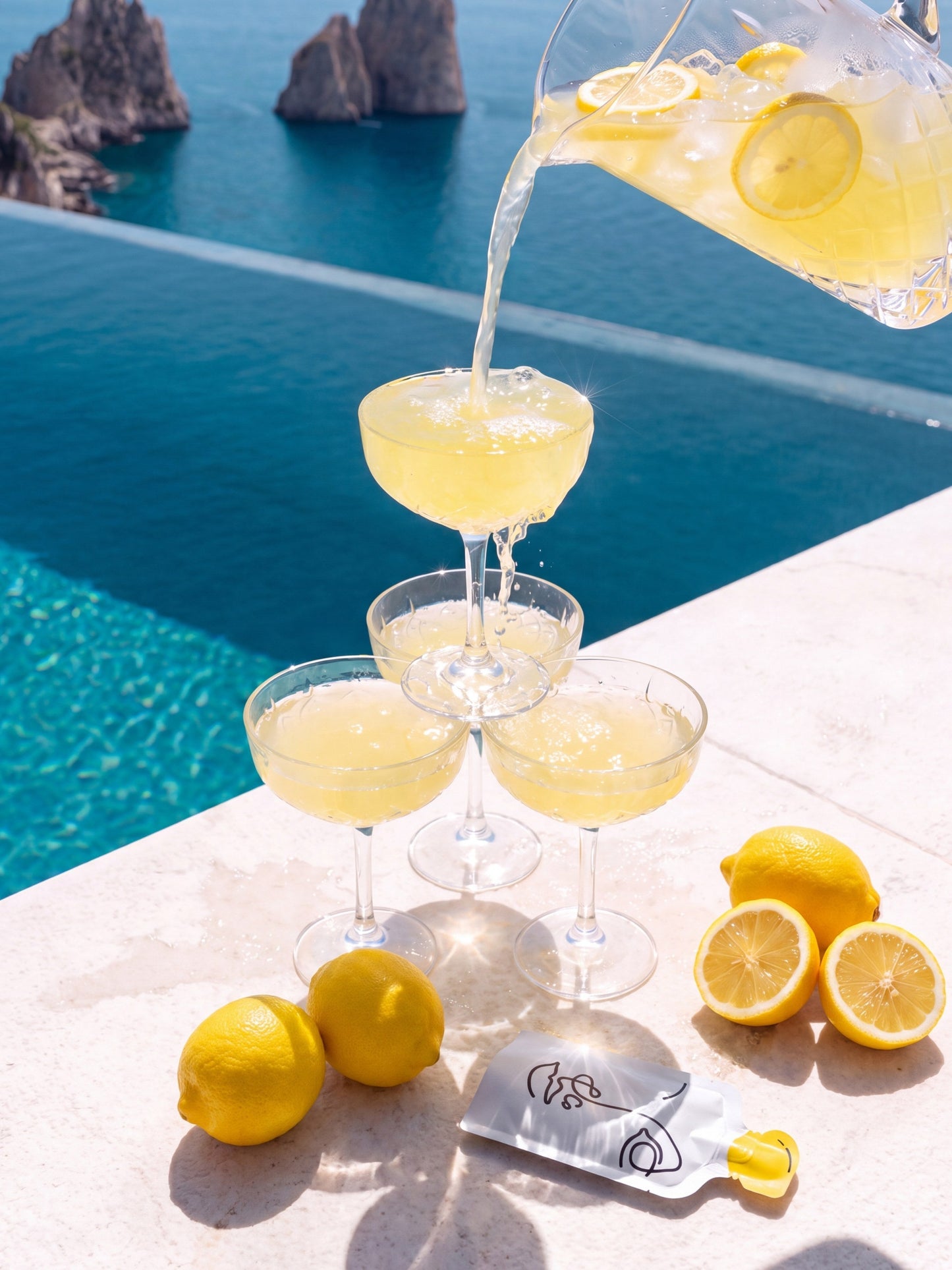 A pyramid of crystal coupes filled with lemonade at a Capri infinity pool, lemons and a Lemon & Co. sachet beside it