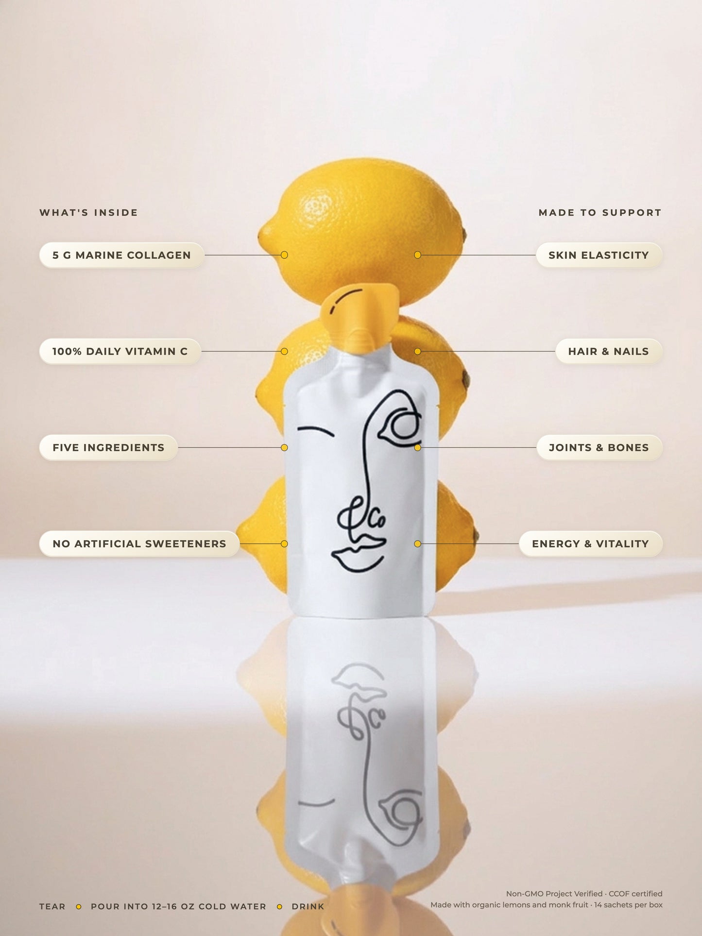 What's inside the Liquid Collagen Elixir sachet: 5 g marine collagen, 100% daily vitamin C, five ingredients, no artificial sweeteners. Made to support skin elasticity, hair and nails, joints and bones, energy and vitality