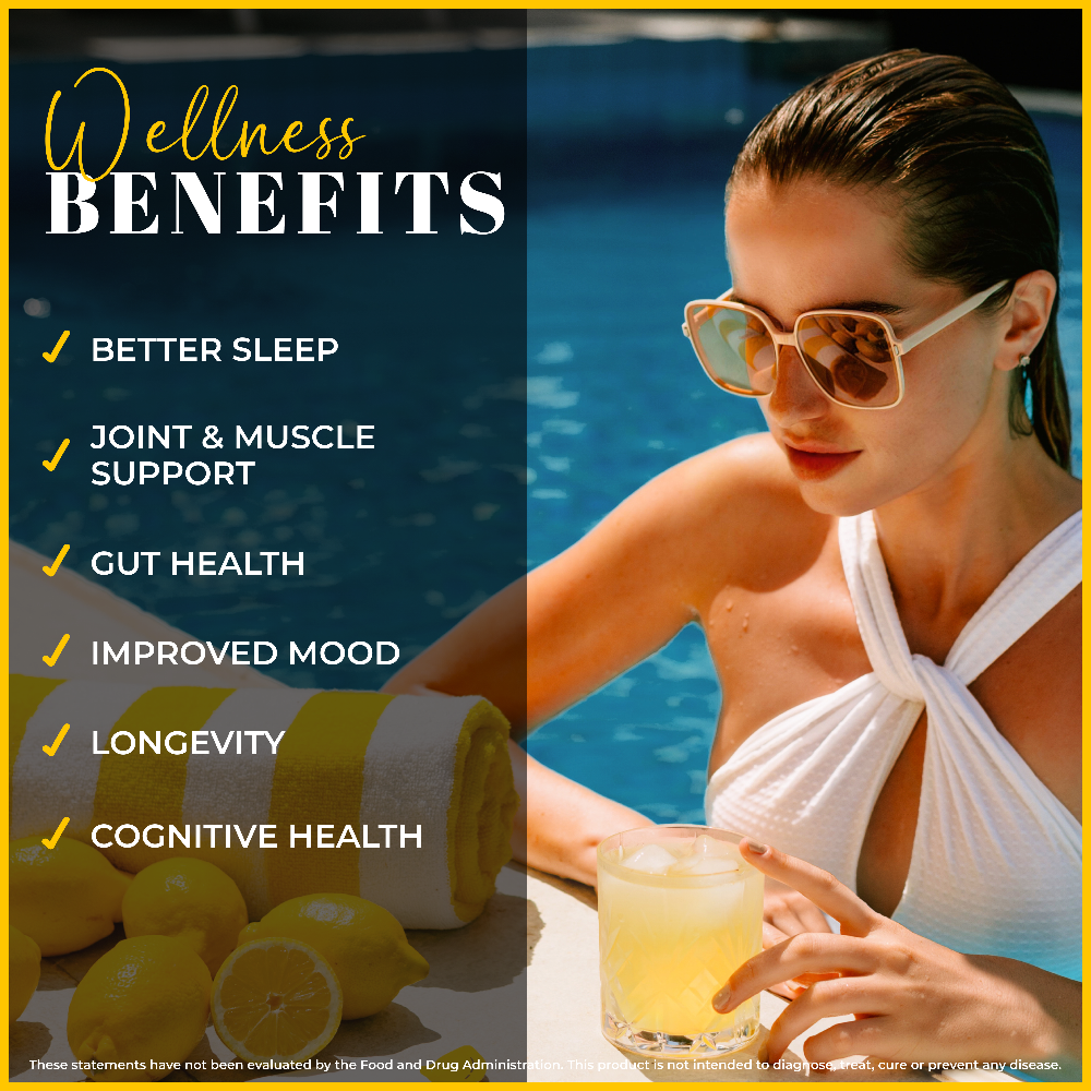 Woman in sunglasses and a white swimsuit relaxing by a pool with a glass of Lemon & Co. collagen lemonade