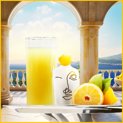 Glass of Lemon & Co. collagen lemonade and a liquid sachet on a stone balustrade under arches overlooking the sea
