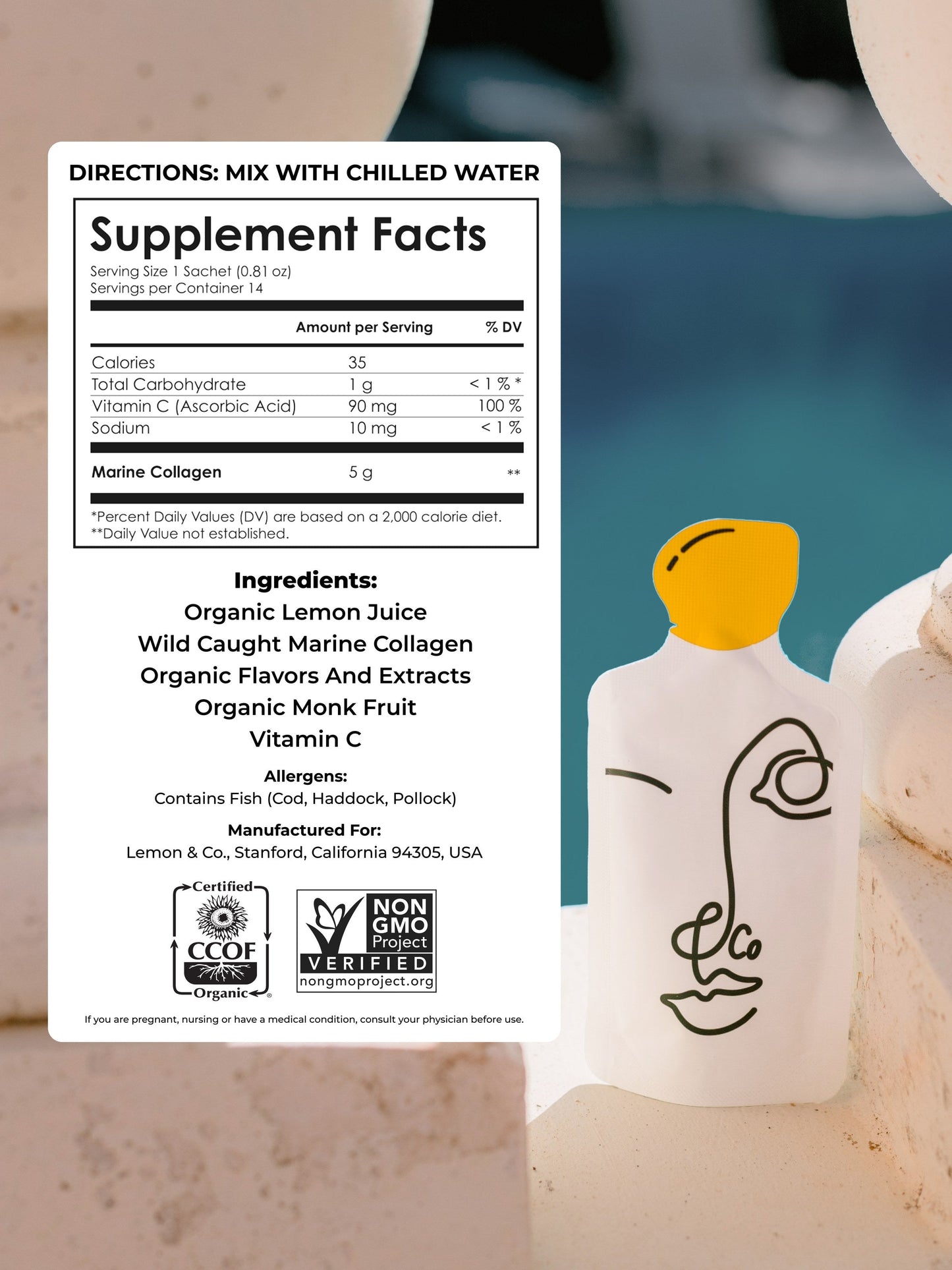 Supplement Facts for the Liquid Collagen Elixir, per sachet: 35 calories, 1 g total carbohydrate, 90 mg vitamin C (100% DV), 10 mg sodium, 5 g marine collagen. Ingredients: organic lemon juice, wild-caught marine collagen, organic flavors and extracts, organic monk fruit, vitamin C. Contains fish (cod, haddock, pollock)